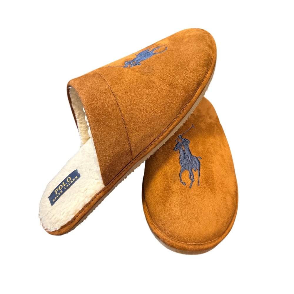 Polo Ralph Lauren Klarence Slippers Mens Size 12 Tan Faux Suede Scuff Pony